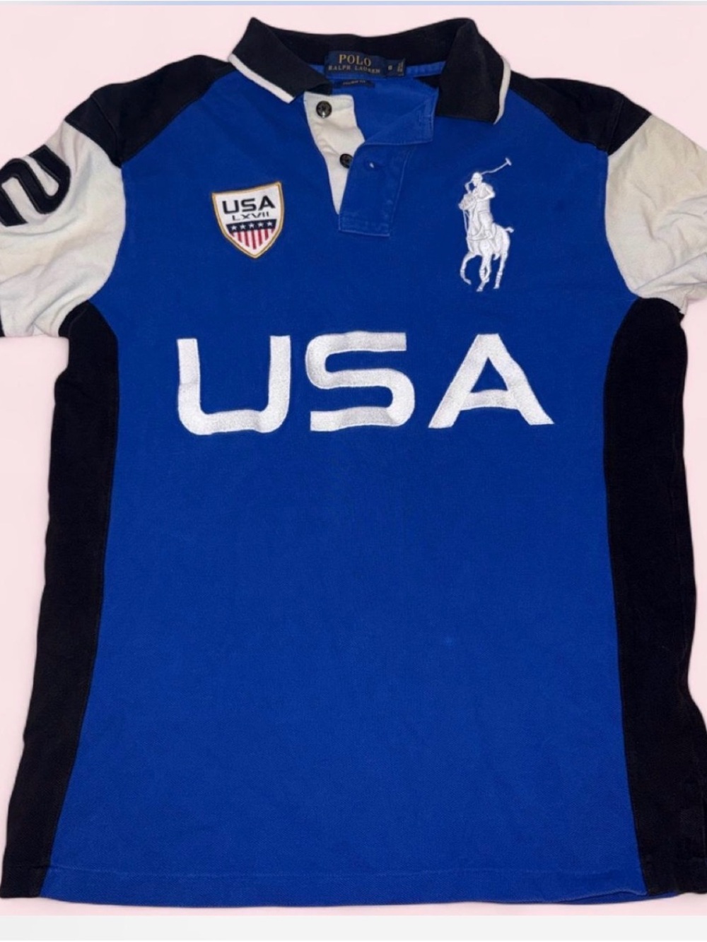 Vintage Polo Ralph Lauren Blue & White USA LXVII Big Pony Polo Shirt